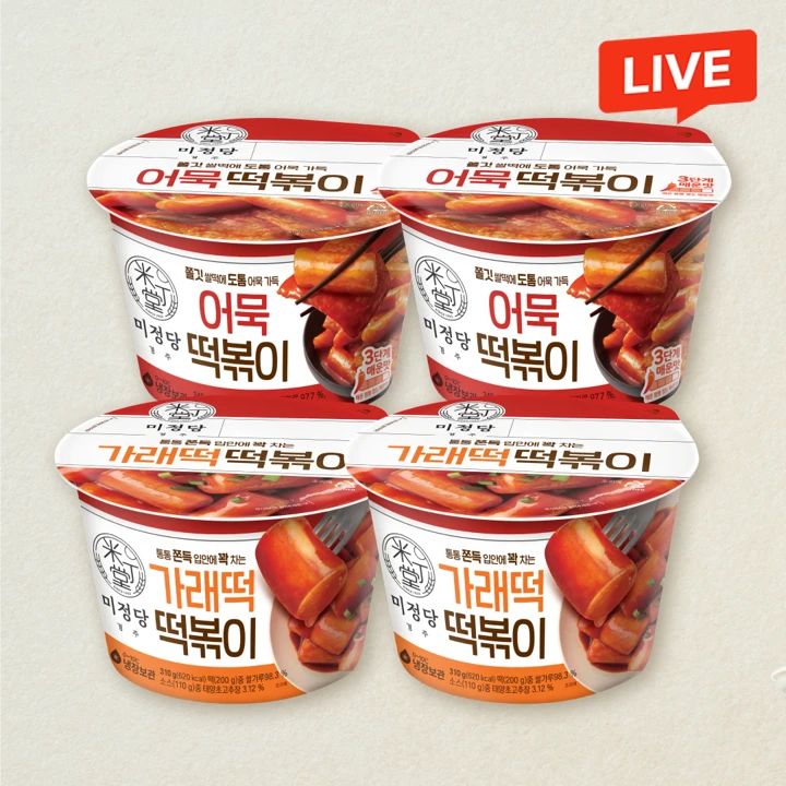 [떡볶이2종] 미정당 어묵떡볶이 346g(용기형)X2개+가래떡떡볶이 310g(용기형)X2개(총 4개)