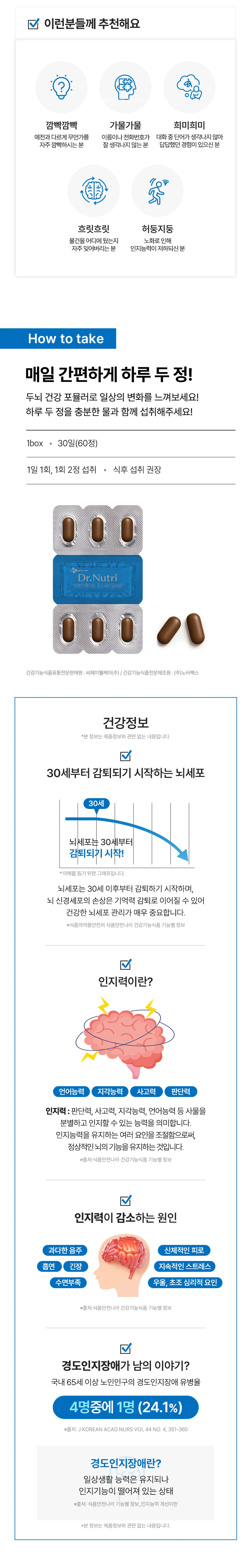 닥터뉴트리 브레인메이트 조리법 가이드 — 하루 1회 2정 식후 섭취 권장, 30일분 60정 포장 형태