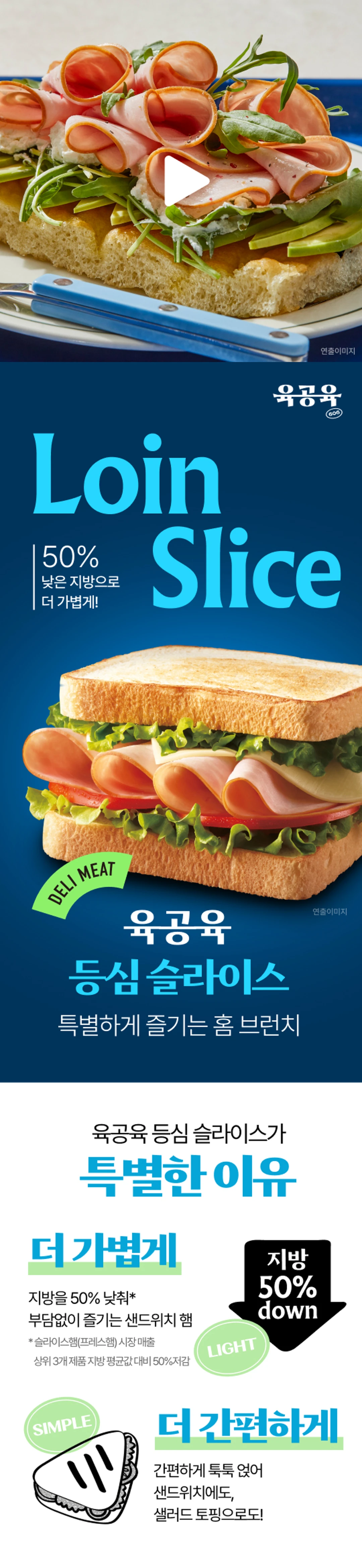 육공육 등심 슬라이스 90g 소개 — 지방 50% 다운 표기, 샌드위치 햄 제품 패키지 및 브런치 연출 이미지