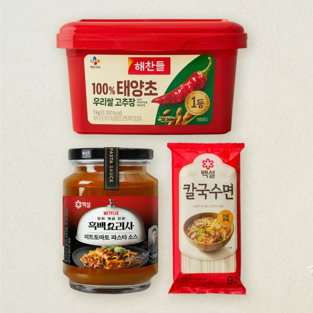 [CJ더마켓] [취사병 스파게티 세트]백설 미트토마토 파스타소스 430g+칼국수면 900g+해찬들 100% 태양초 우리쌀 고추장 1kg