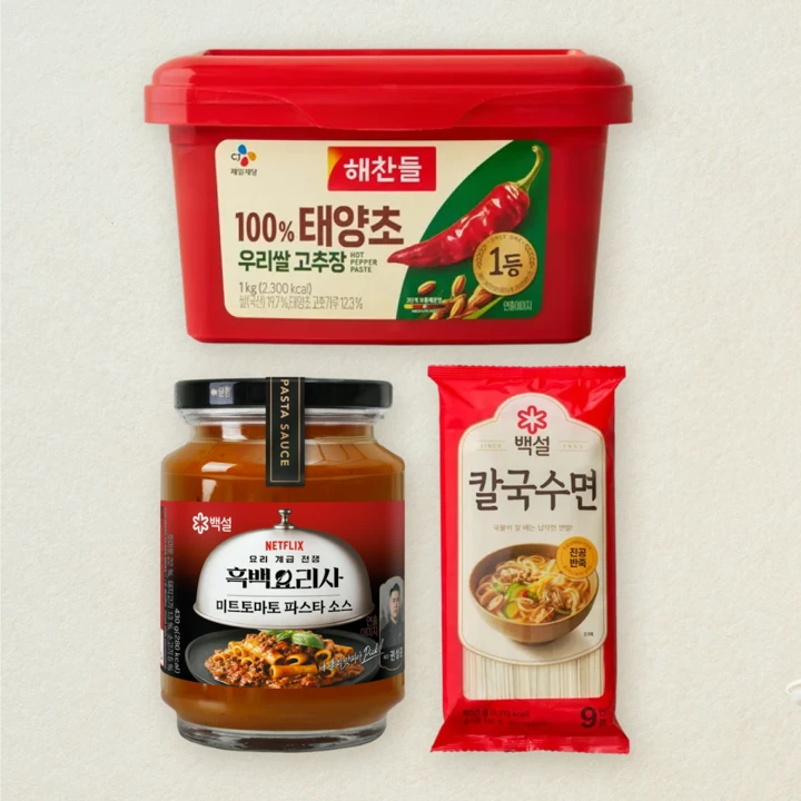 [취사병 스파게티 세트]백설 미트토마토 파스타소스 430g+칼국수면 900g+해찬들 100% 태양초 우리쌀 고추장 1kg