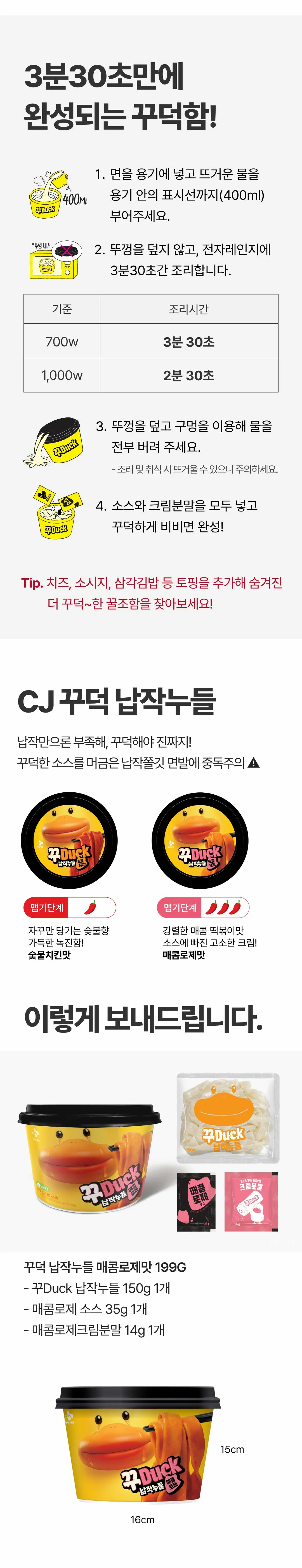 CJ 꾸덕 납작누들 매콤로제 199g 조리법 가이드 — 물 400ml 표시선 조리, 전자레인지 700W 기준 3분 30초 조리 단계