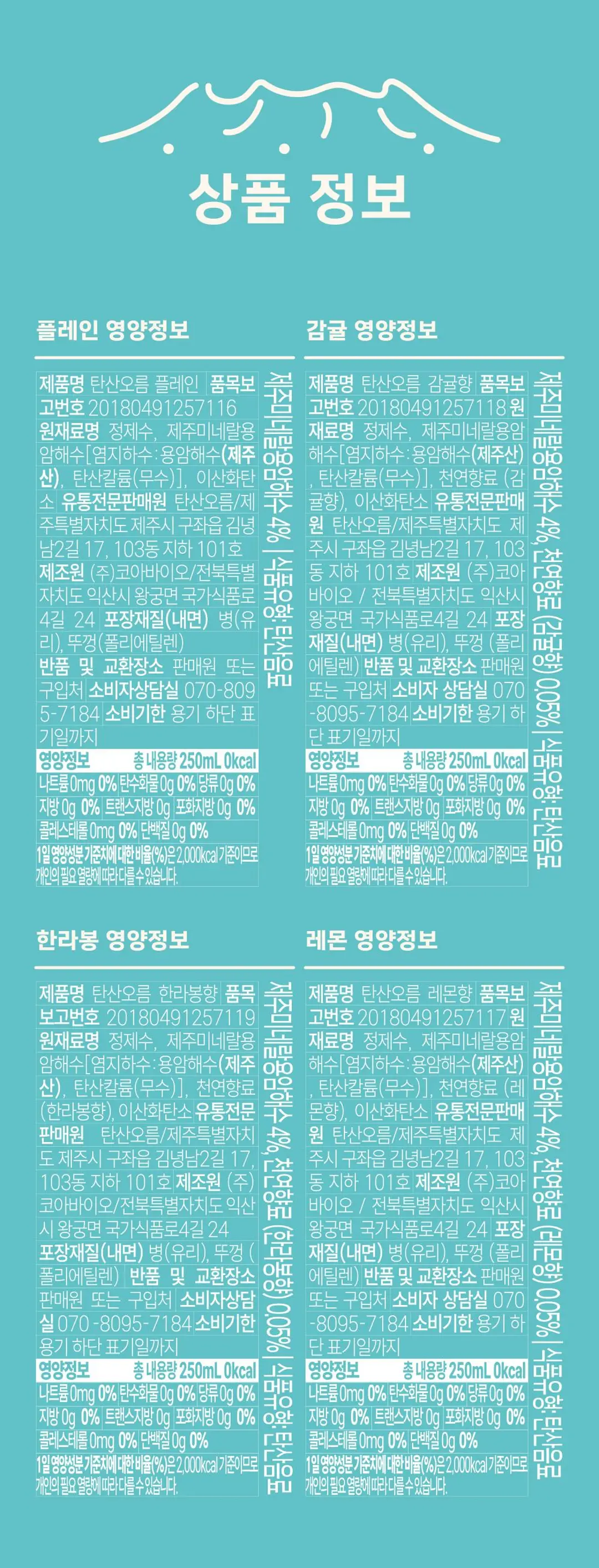 탄산오름 탄산수제주감귤 250ml 영양 정보 — 플레인, 감귤, 한라봉, 레몬 영양성분표 및 원재료명 상세 정보