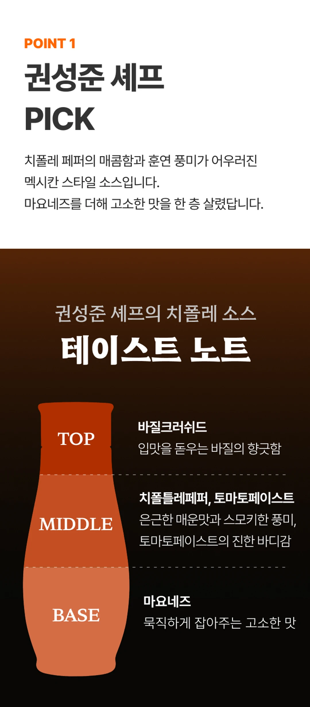 백설 CJ 흑백요리사 저당 치폴레소스 테이스트 노트 — 바질크러쉬드, 치폴레페퍼와 토마토페이스트, 마요네즈 베이스