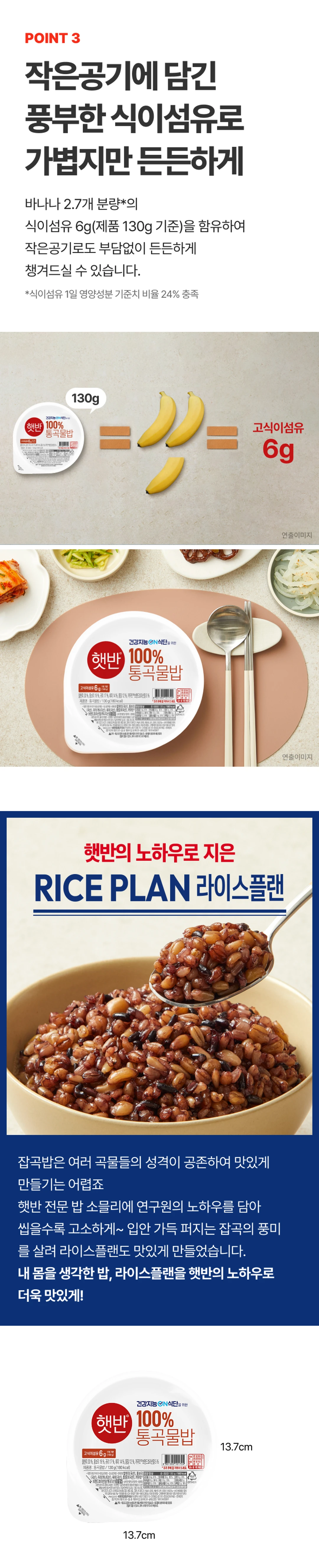 햇반 라이스플랜 100%통곡물밥 시리즈 라인업 — 서리태흑미밥, 12곡잡곡밥, 100%통곡물밥 식이섬유 비교