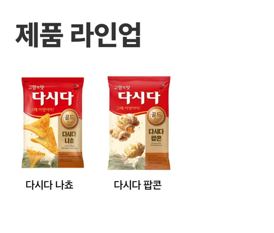 다시다 나쵸 65G 시리즈 라인업 — 다시다 나쵸 및 다시다 팝콘 구성