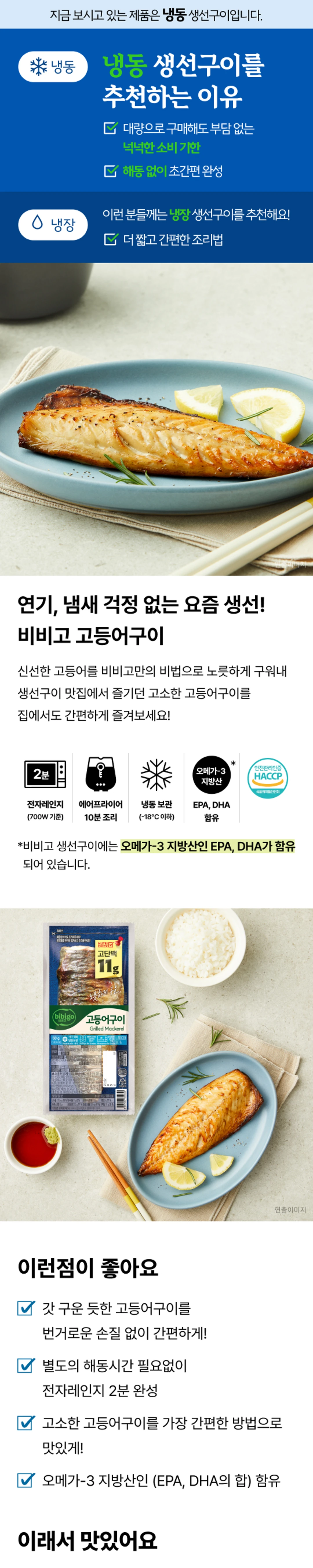 비비고 노릇하게구운 고등어구이 4가지 장점 — 번거로운 손질 없는 간편함, 해동 없이 전자레인지 2분 완성, 오메가-3 함유