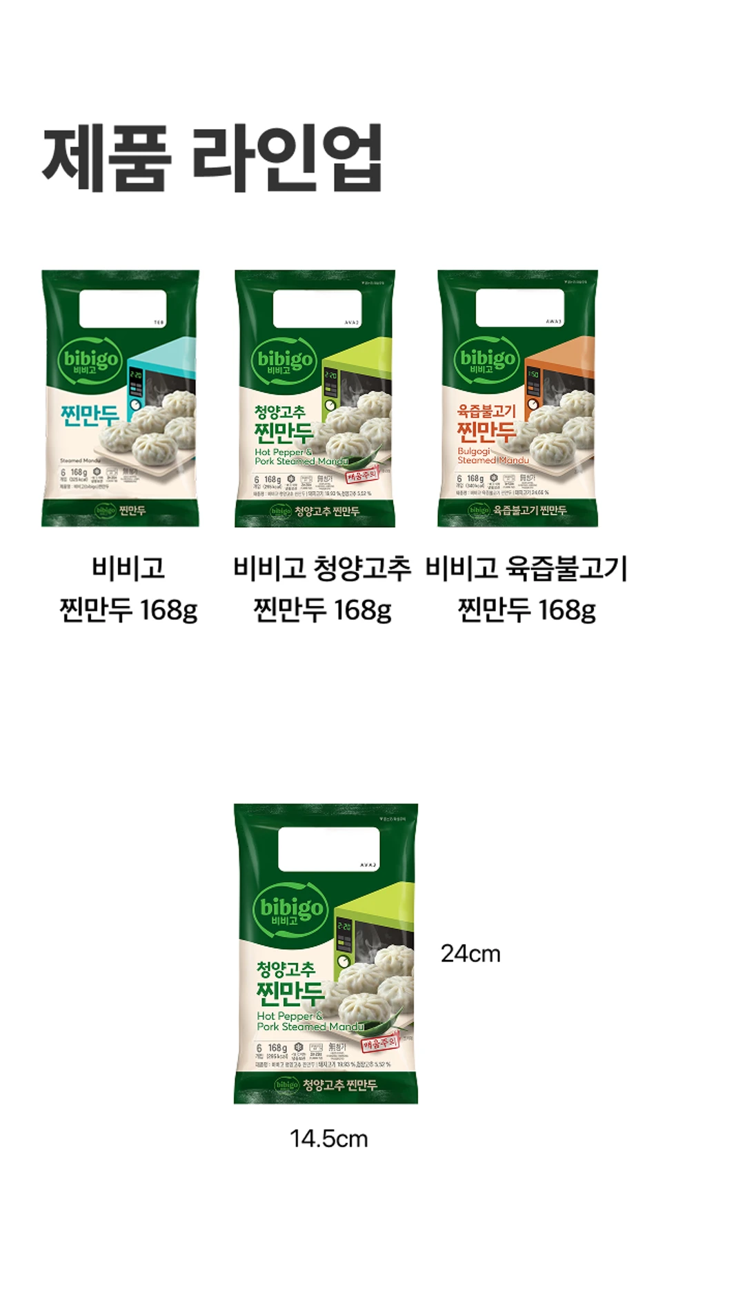 비비고 찐만두 라인업 — 청양고추 찐만두 168g 및 육즙불고기 찐만두 168g 제품 패키지와 규격 비교