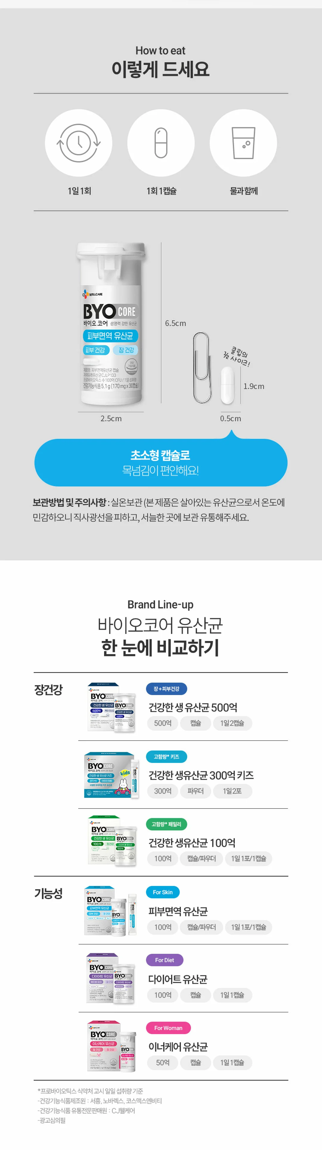 바이오코어 피부면역유산균 조리법 가이드 — 1일 1회 1캡슐 물과 함께 섭취 방법 및 실온보관 안내