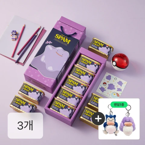 [26추석 선물세트]스팸 타워 포켓몬 에디션(메타몽)X3개(증정:포켓몬 키링 인형 1종)