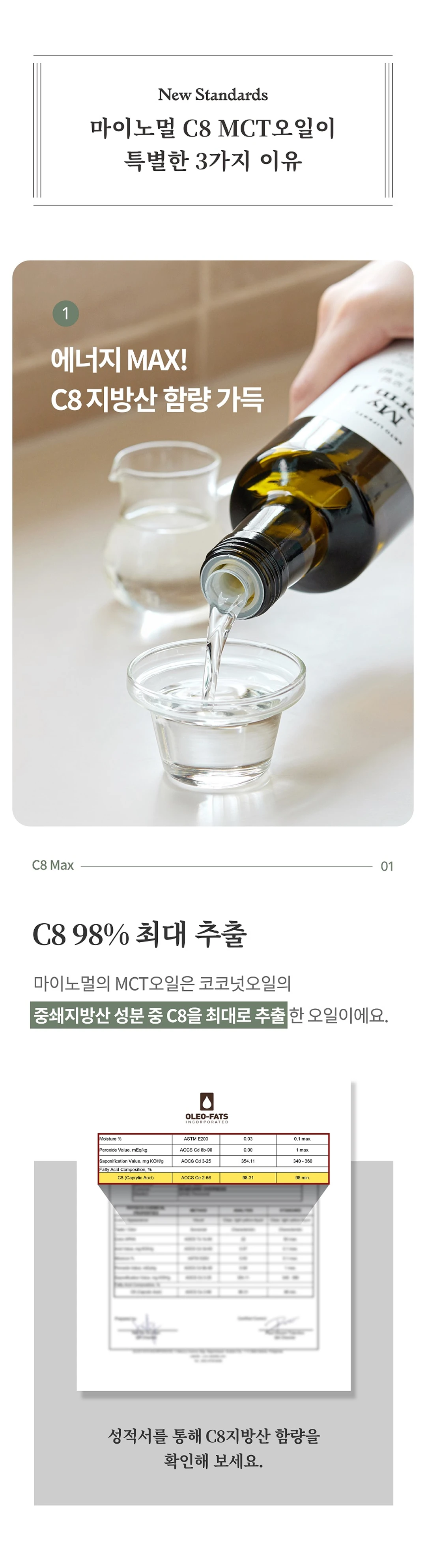 마이노멀 코코넛 C8 MCT 오일 3가지 포인트 — C8 지방산 함량 가득 최대 추출 성적서