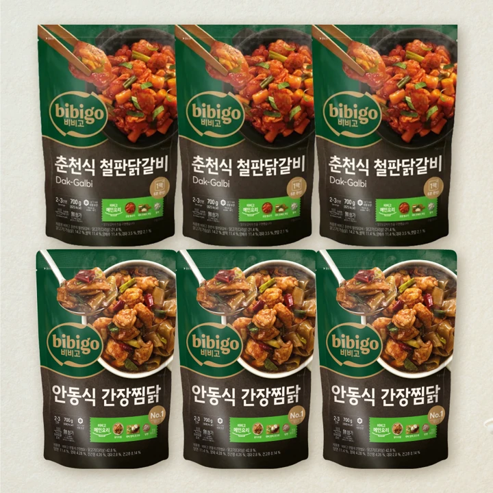 비비고 춘천식철판닭갈비700gX3개+안동식간장찜닭700gX3개