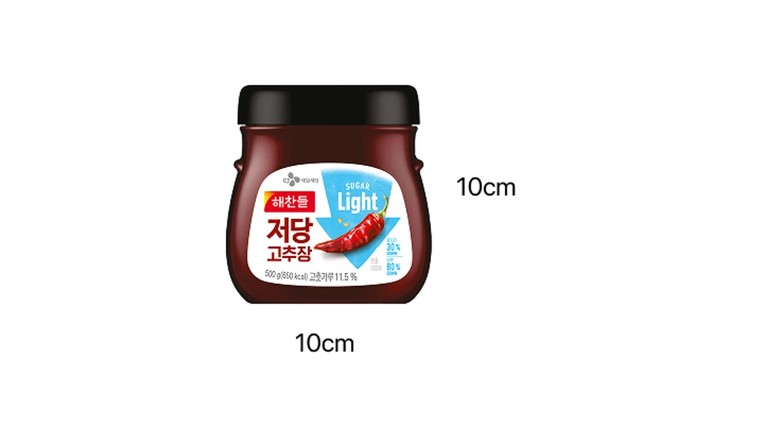 해찬들 저당 고추장 제품 라이브샷 — 알룰로오스 사용 저당 고추장 용기 전면 및 규격 표시