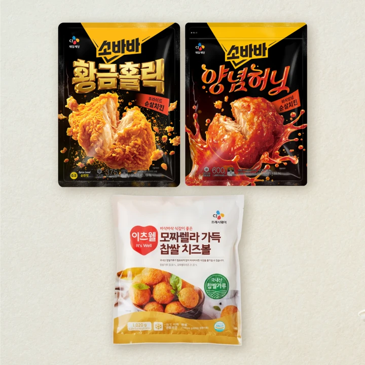고메 소바바치킨 양념 순살 600gX1개+소바바 황금홀릭 순살 375gX1개+이츠웰 모짜렐라찹쌀치즈볼1.02kgX1개