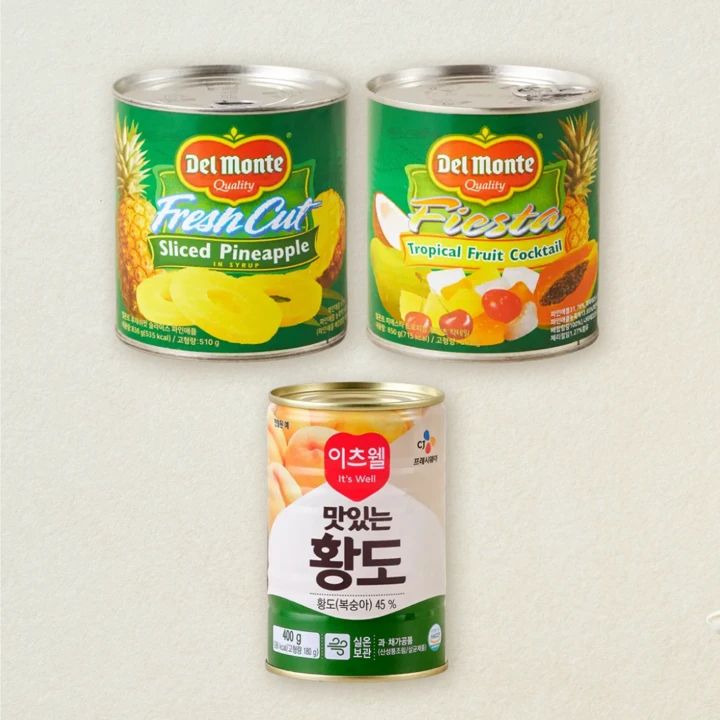 이츠웰 원터치 황도캔 400gX1개+델몬트 피에스타트로피칼후르츠칵테일 850gX1개+델몬트 후레쉬컷 슬라이스 파인애플 836gX1개