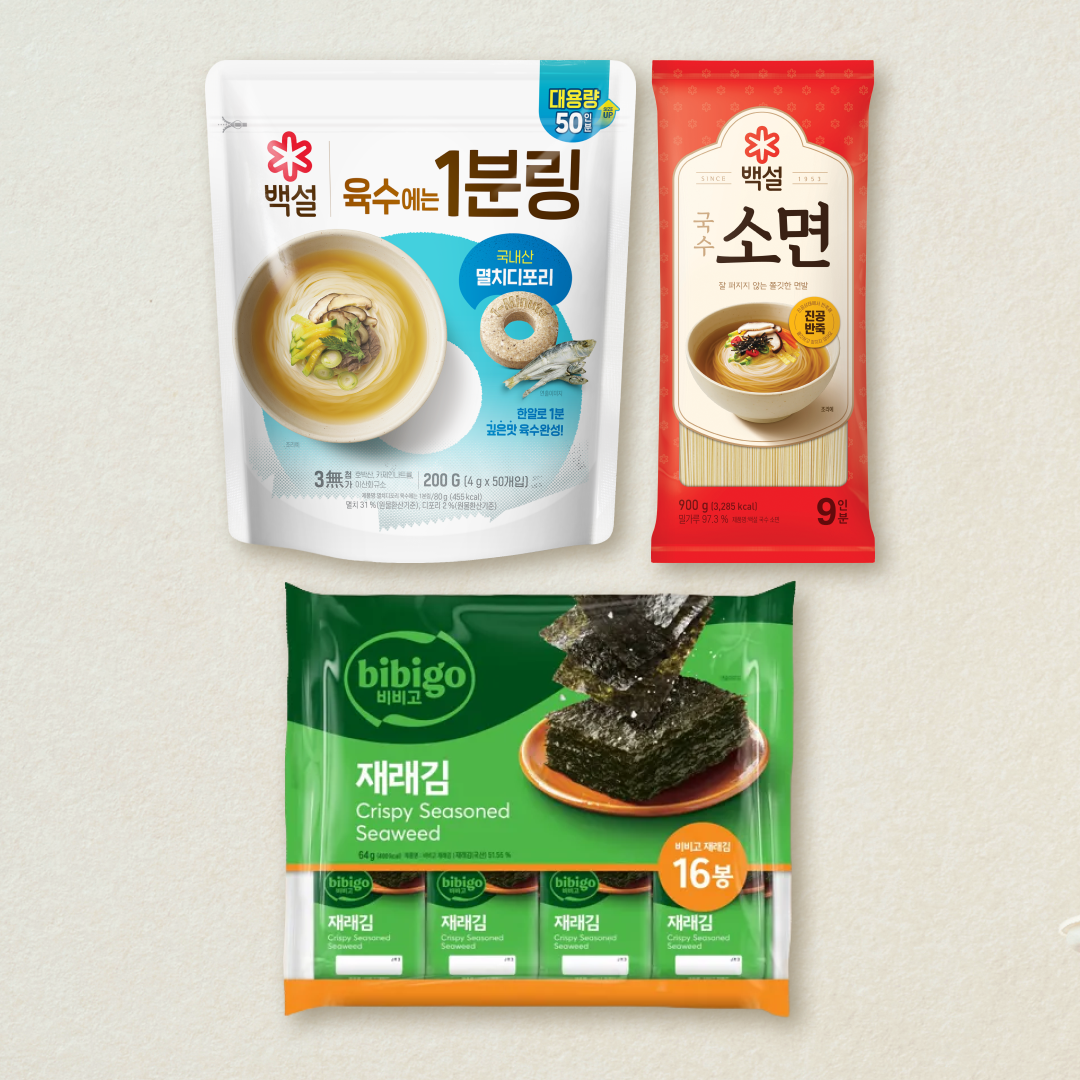 [CJ더마켓] [잔치국수세트]백설 1분링 멸치디포리 200g+국수 소면 900g+비비고 재래김 4gX16봉 (총 3개)