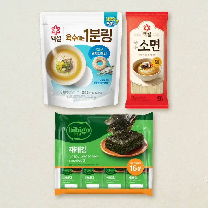 [잔치국수세트]백설 1분링 멸치디포리 200g+국수 소면 900g+비비고 재래김 4gX16봉 (총 3개)