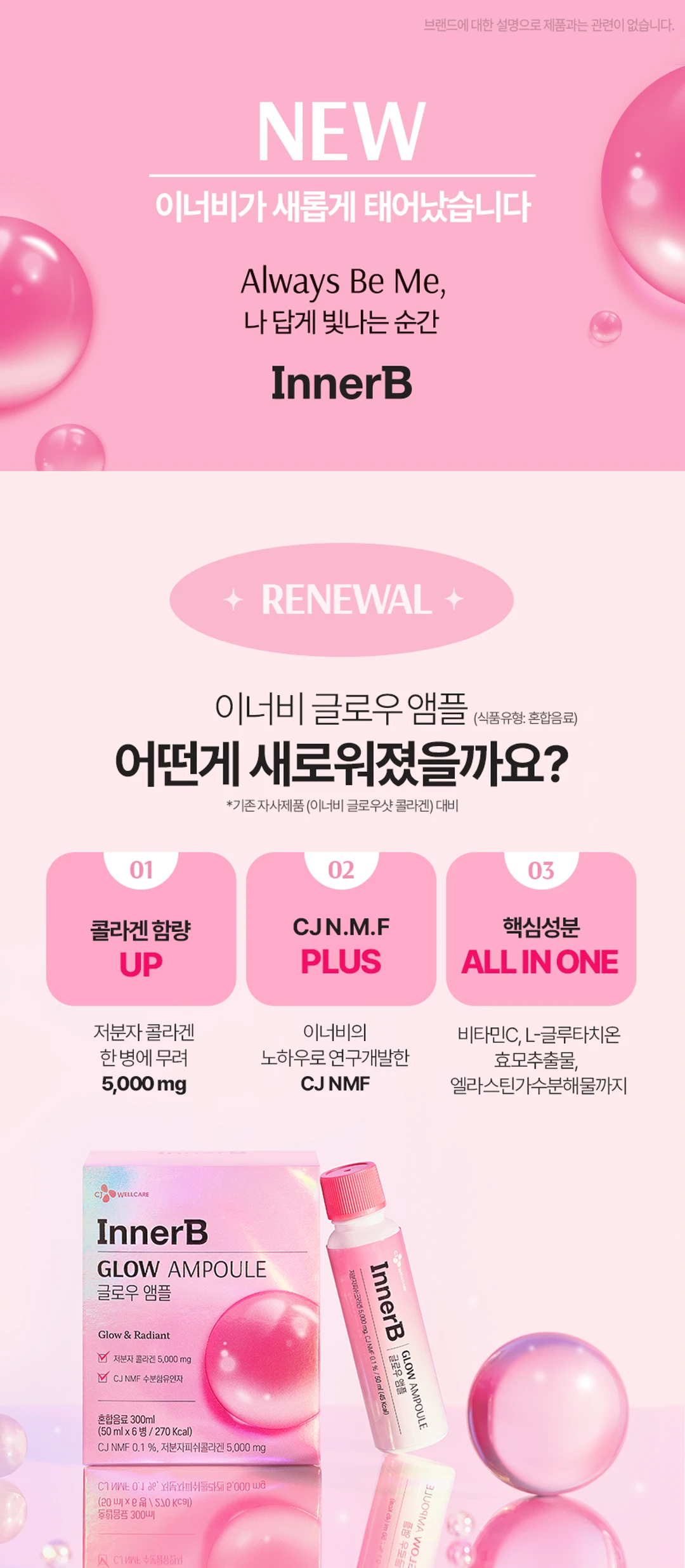이너비 글로우 앰플 6병 리뉴얼 소개 — 저분자 피쉬콜라겐 5,000mg 함량 UP, CJ N.M.F PLUS, 비타민C와 엘라스틴 배합