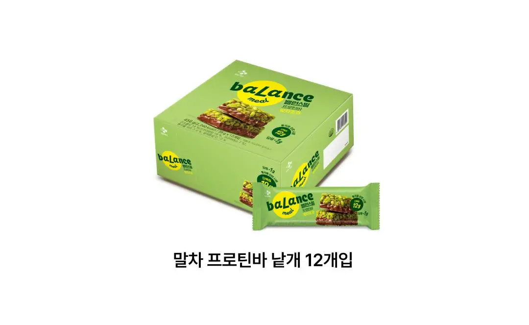 밸런스밀 프로틴바 말차초코 제품 패키지 — 말차 프로틴바 낱개 12개입 상자 및 개별 포장 제품