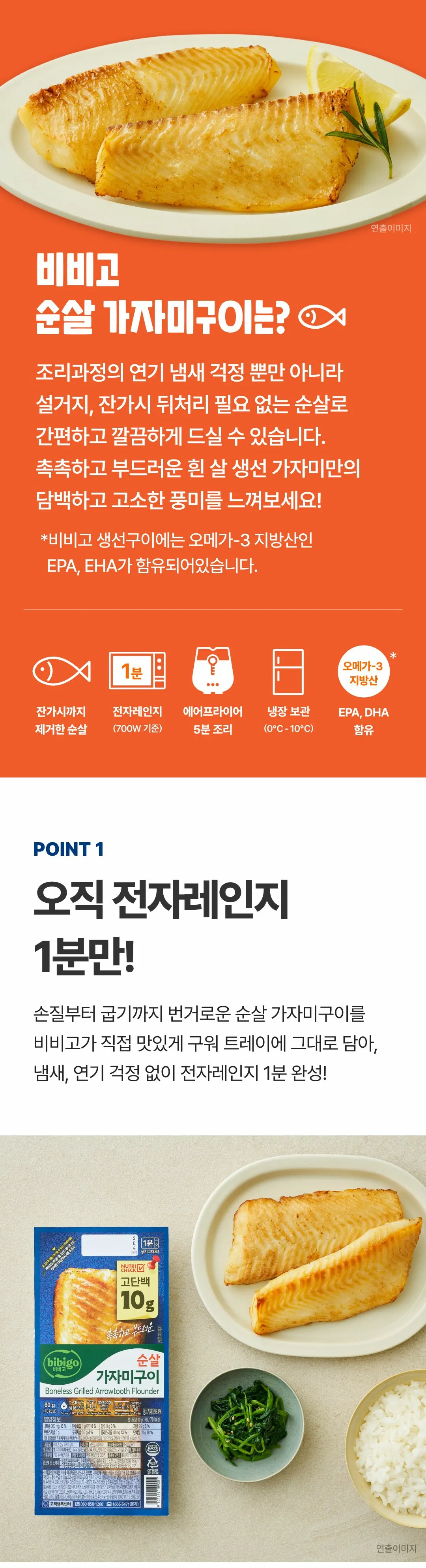 비비고 순살 가자미구이 POINT 1 — 오직 전자레인지 1분 완성, 냄새 연기 걱정 없는 간편 조리