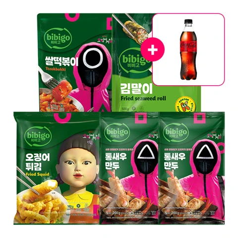 [사은품] 코카-콜라 제로 PET500ml+비비고 김말이 500g+[비비고X오징어 게임]비비고 통새우만두 200gX2개+오징어튀김 180g+쌀떡볶이 575g