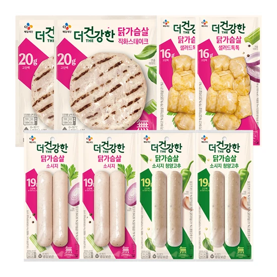[슬기 PICK][7/26 하루]더건강한 닭가슴살 맛있는 4종 (직화스테이크, 샐러드톡톡, 소시지, 청양소시지 각 2개)