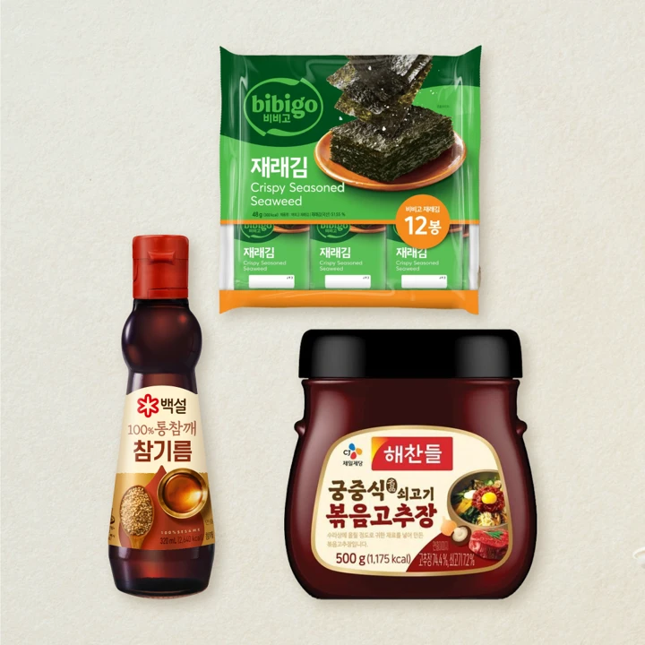 [취사병 비빔밥 세트]해찬들 궁중식 쇠고기 볶음고추장 500g+백설 100% 통참깨 참기름 320ml+비비고 재래김 4gX12봉