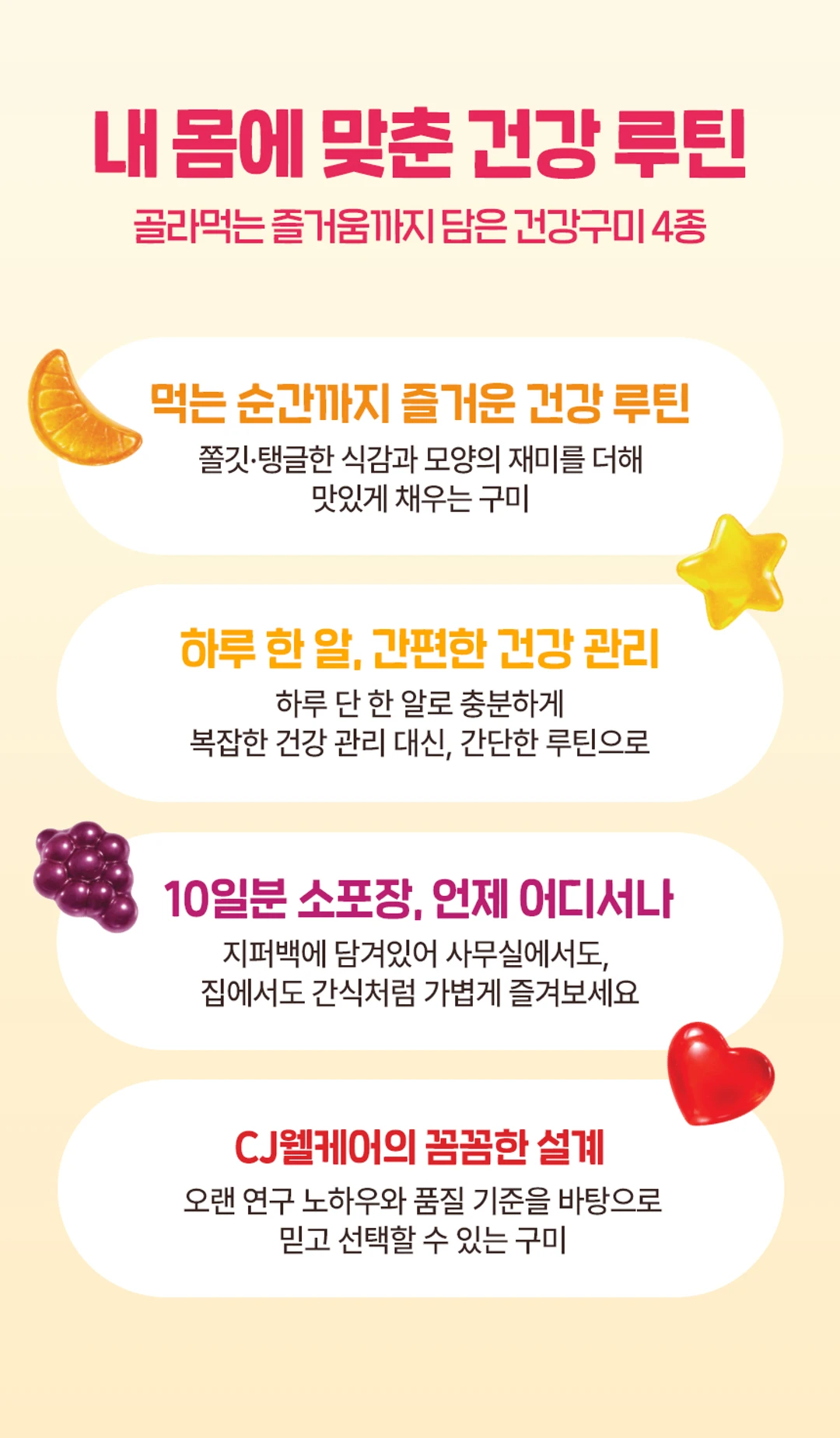 하루한알 건강구미 4종 6입 선물세트 특징 — 쫄깃하고 탱글한 식감, 하루 한 알 간편한 관리, 10일분 소포장 지퍼백