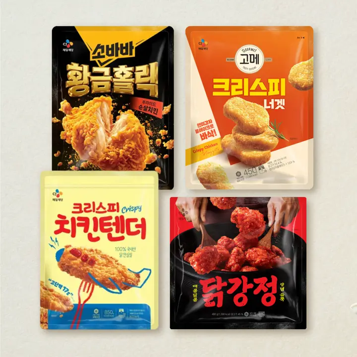 [무료배송]소바바 황홀 순살 375g+고메 크리스피너겟 450g+CJ 크리스피치킨텐더300g+닭강정 480G (총 4개)
