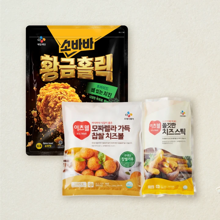 소바바 황금홀릭 한마리 820gX1개+이츠웰 쫄깃한치즈스틱 1kgX1개+이츠웰 모짜렐라찹쌀치즈볼1.02kgX1개