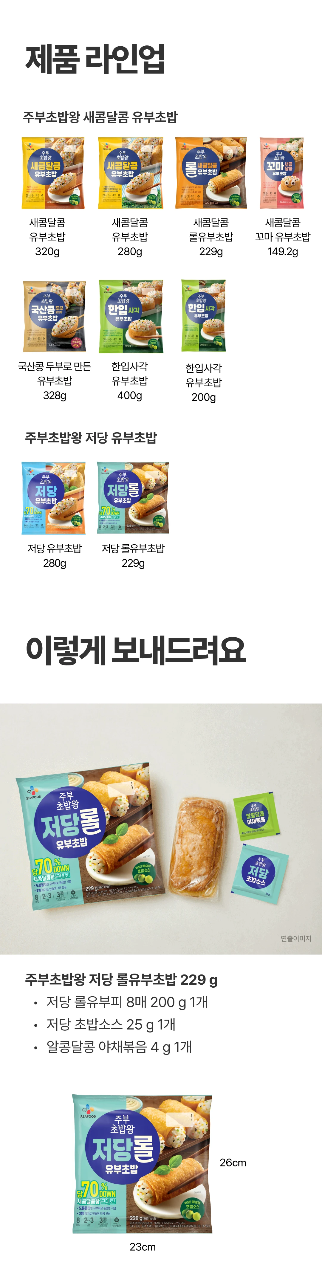 주부초밥왕 저당 롤유부초밥 구성품 안내 — 롤유부피 8매, 저당 초밥소스 25g, 야채볶음 4g, 패키지 가로 세로 규격