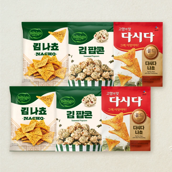 비비고 김 나쵸 65gX2개+비비고 김 팝콘 80gX2개+다시다 나쵸 65gX2개