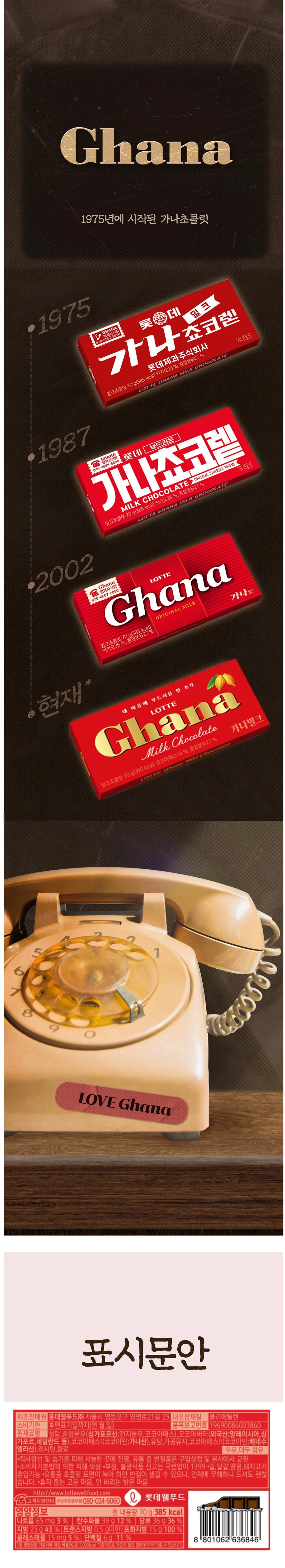 롯데 가나 밀크 초콜렛 70g 소개 — 총 내용량 70g, 열량 385 kcal 영양정보 및 표시문안