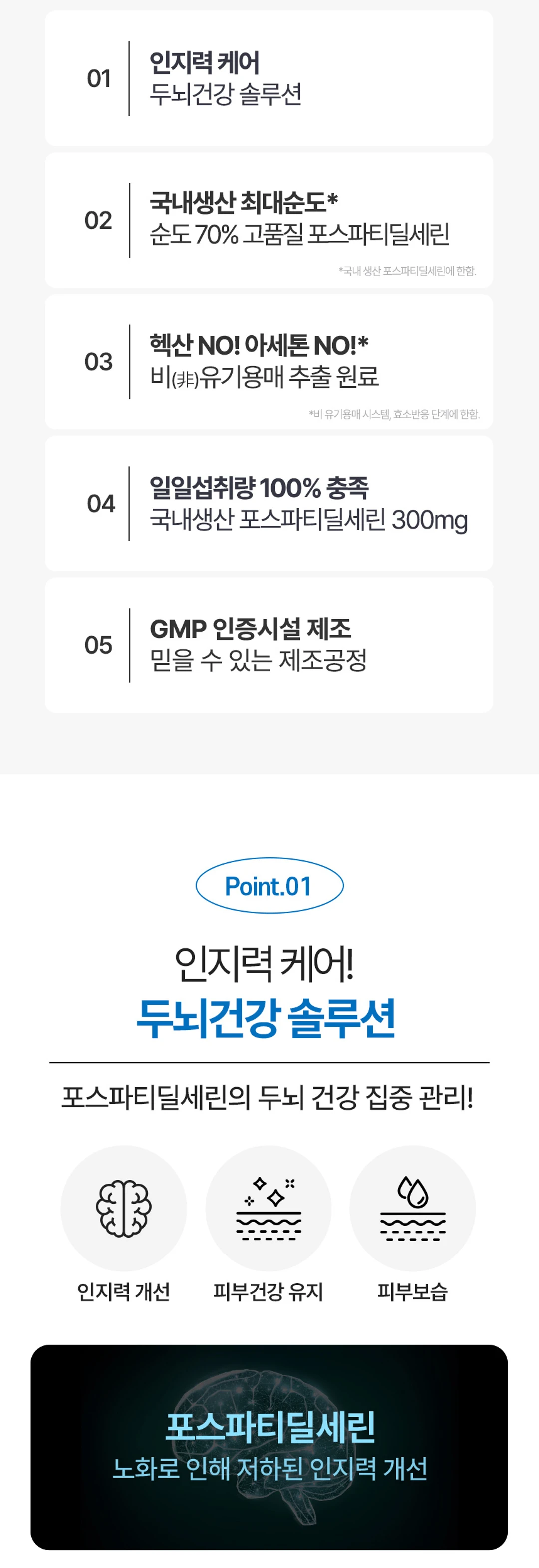 닥터뉴트리 브레인메이트 5가지 특징 — 인지력 케어, 순도 70% 포스파티딜세린, 비유기용매 추출, GMP 제조