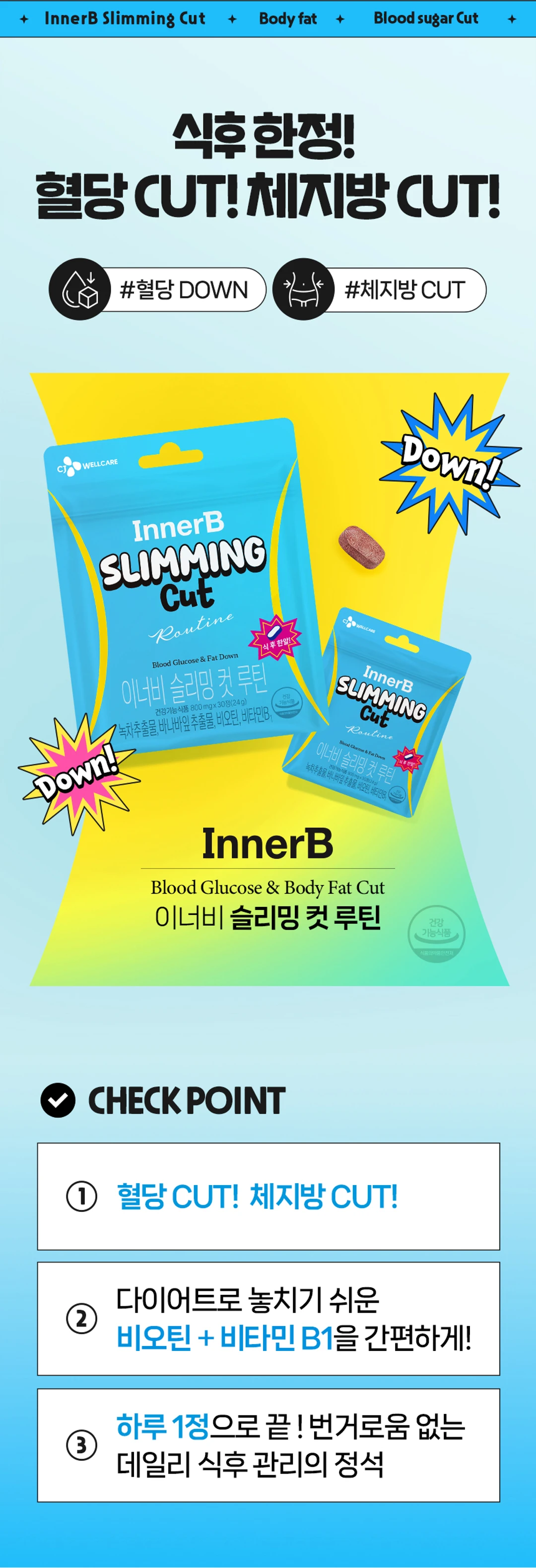 이너비 슬리밍 컷 루틴 800mg 소개 — 식후 혈당 상승 억제 및 체지방 감소, 비오틴과 비타민 B1 배합, 하루 1정 데일리 관리