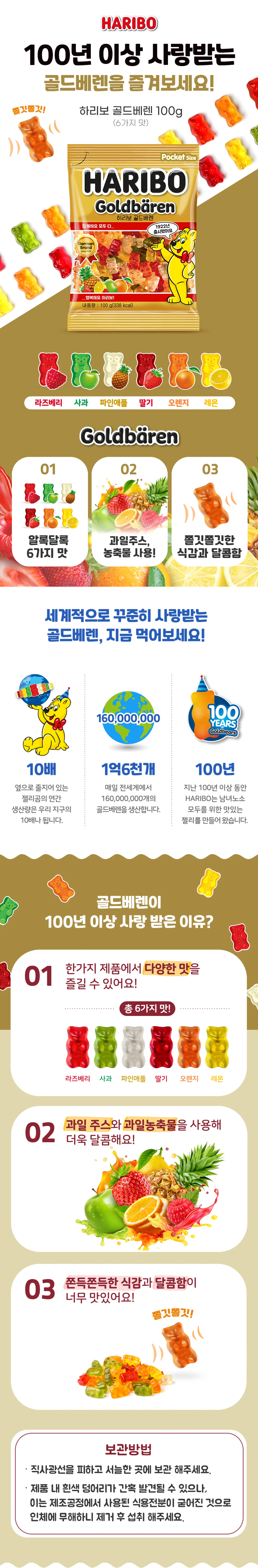 하리보 골드베렌 100g 소개 — 6가지 맛, 과일주스 및 과일농축물 사용, 쫀득쫀득한 식감