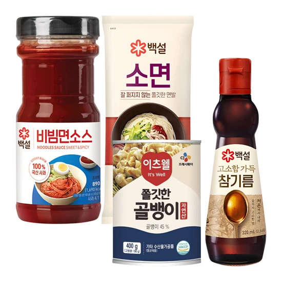 [간편안주]이츠웰 골뱅이 400g+백설 소면900g+참기름 320ml+비빔면소스890g