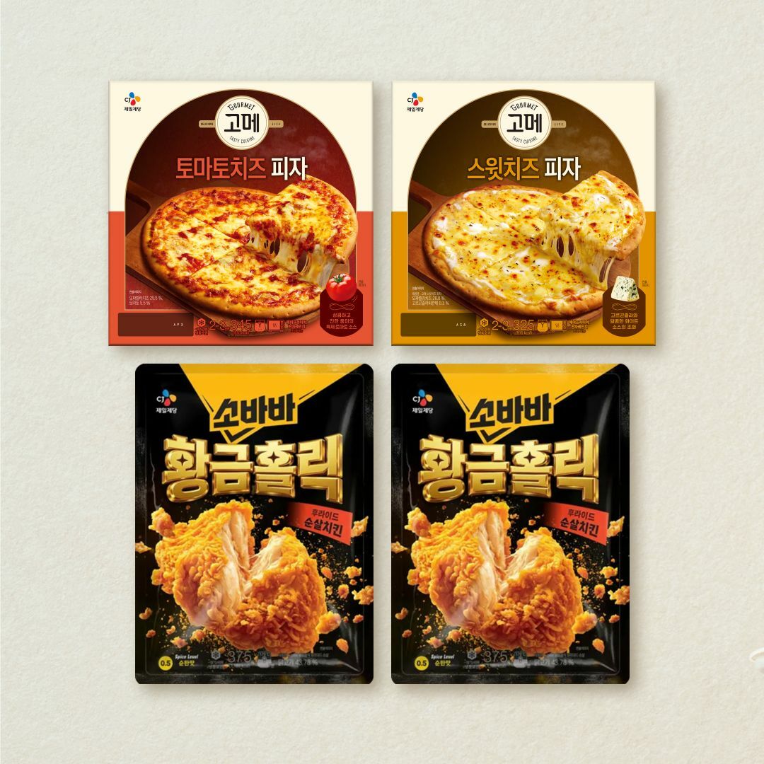 [CJ더마켓] [무료배송] 소바바 황홀 순살 375gX2개+고메 토마토치즈 피자 345g+스윗치즈 피자 325g (총 4개)