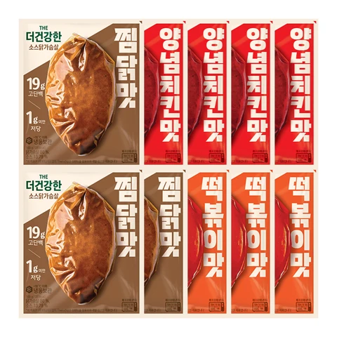 [소스닭가슴살 저당세트]더건강한 양념치킨맛X4개+떡볶이맛X3개+찜닭X3개 총 100gX10개