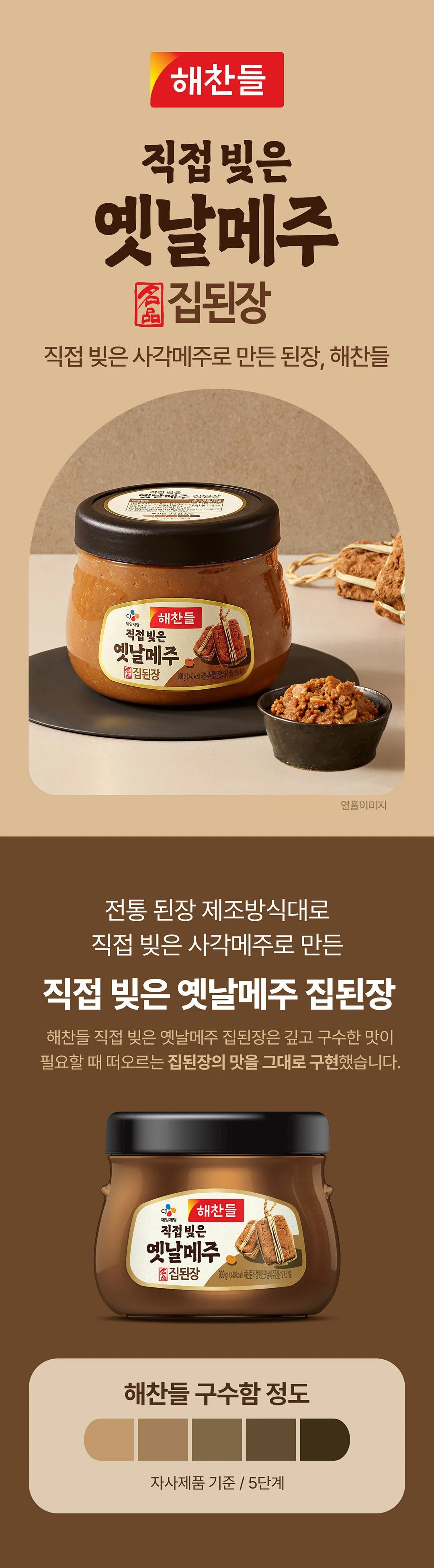 해찬들 직접빚은 옛날메주 된장 900g 소개 — 직접 빚은 사각메주로 만든 깊고 구수한 맛, 자사 기준 구수함 5단계 표시