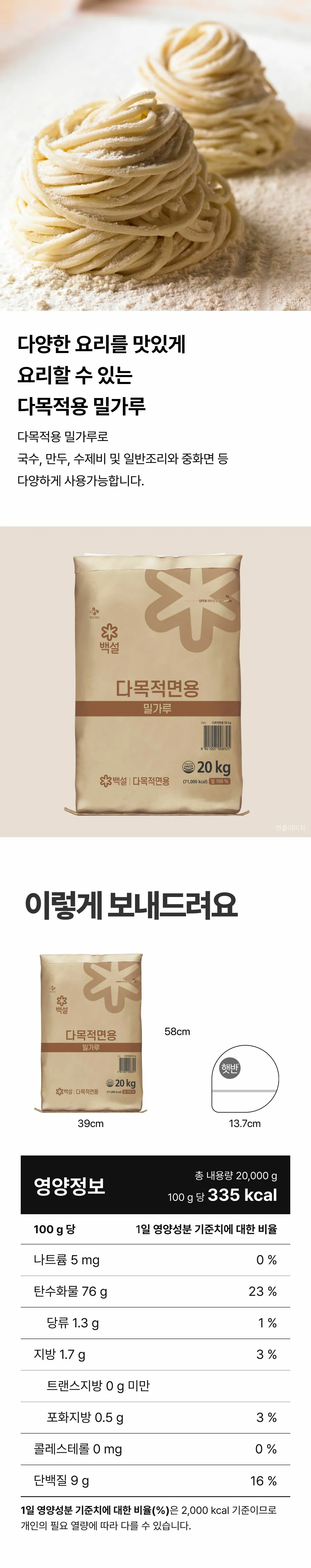 백설 다목적 면용 밀가루 20kg 소개 — 다목적용 밀가루, 국수 및 만두와 수제비 활용, 영양정보 표기