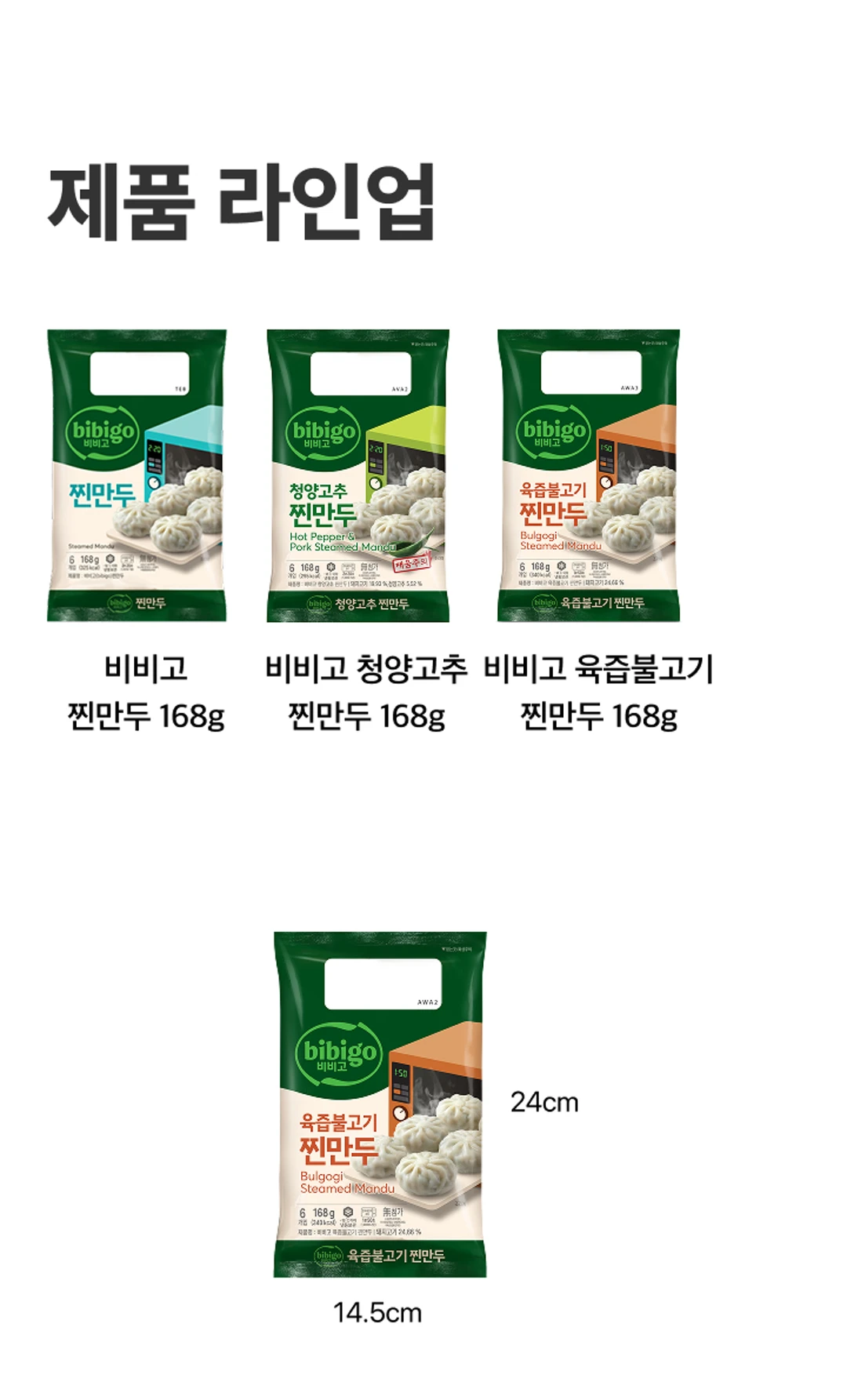 비비고 찐만두 시리즈 라인업 — 청양고추 찐만두 및 육즙불고기 찐만두 168g 패키지 규격 비교