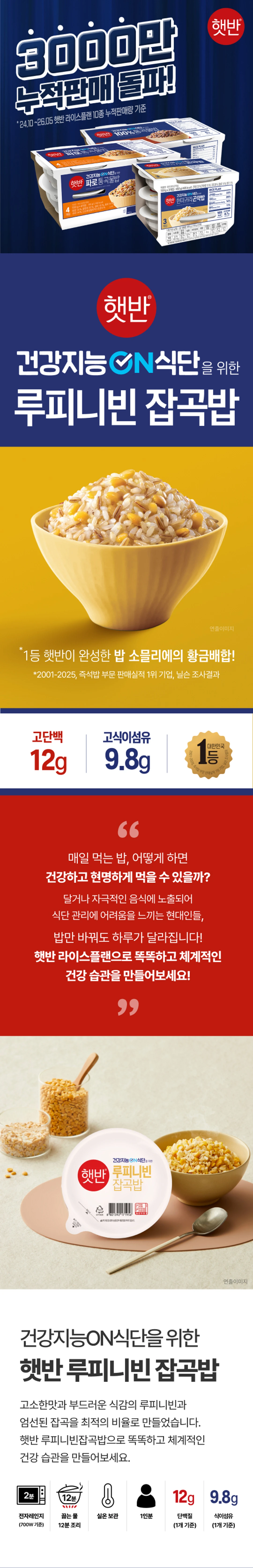 햇반 루피니빈잡곡밥 190g 소개 — 밥 소믈리에의 황금배합, 고단백 고식이섬유 즉석밥, 전자레인지 2분 조리