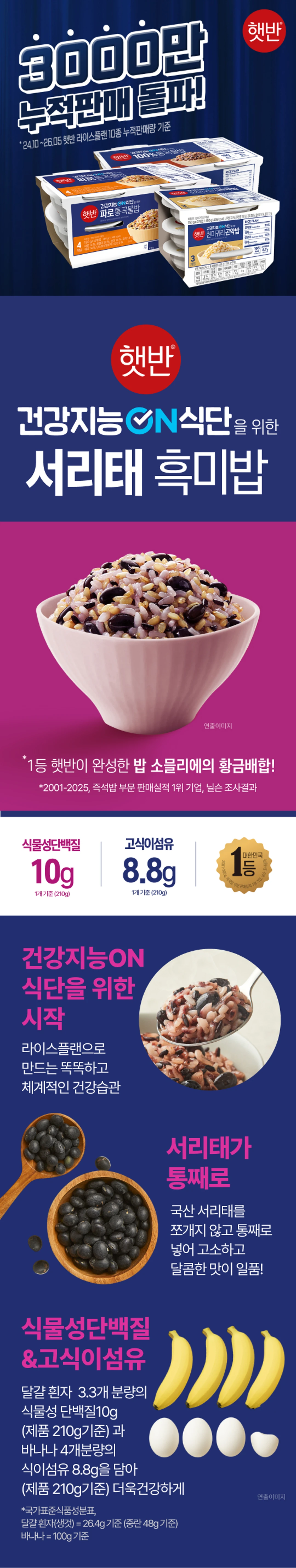햇반 라이스플랜 서리태흑미밥 210g 특징 — 국산 서리태를 통째로 넣은 고소한 맛과 식물성 단백질 및 고식이섬유 정보