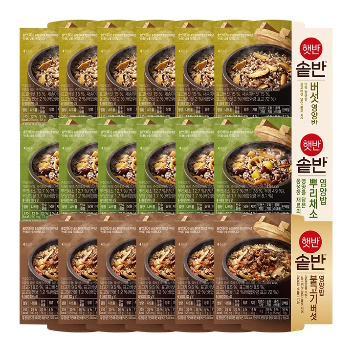 [솥반세트]햇반솥반 버섯 영양밥X6개+뿌리채소 영양밥X6개+불고기버섯 영양밥X6개(총18개)