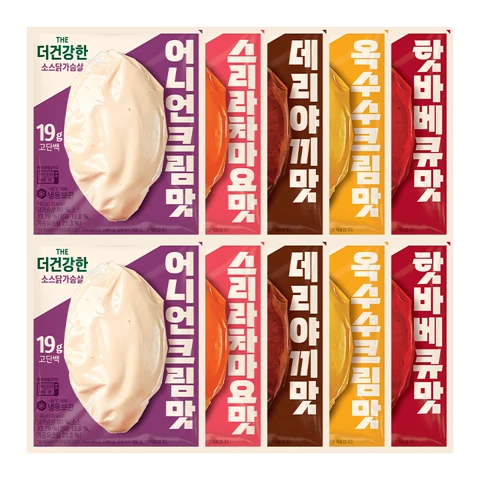 [소스닭가슴살세트]더건강한 스리라치마요X2개+어니언크림맛X2개+옥수수크림X2개+데리야끼맛X2개+핫바베큐X2개 총 100gX10개