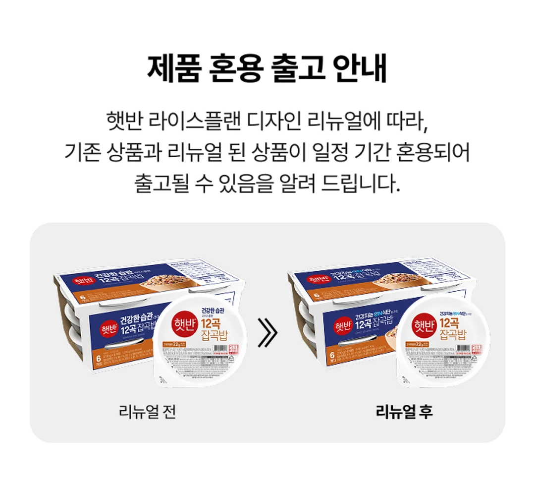 햇반 라이스플랜 12곡 잡곡밥 210g 소개 — 디자인 리뉴얼에 따른 기존 상품과 리뉴얼 상품 혼용 출고 안내