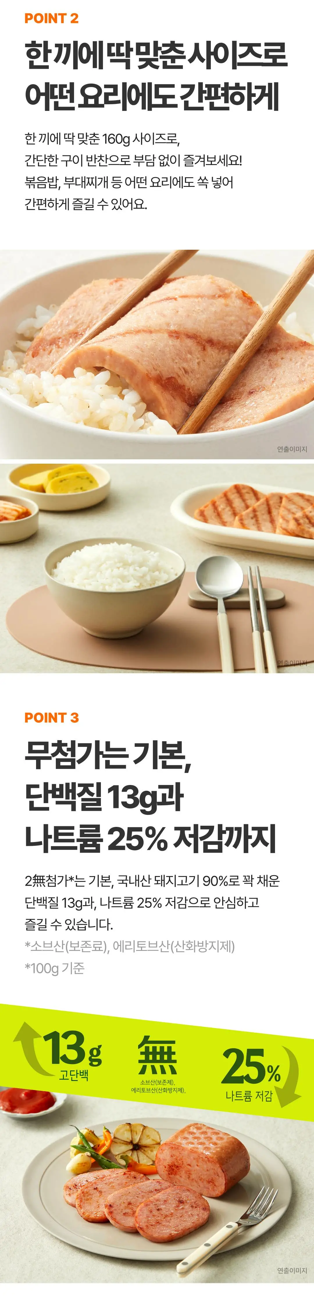 더건강한 구이햄 160g 3가지 포인트 — 한끼에 딱 맞춘 160g 사이즈, 단백질 13g 함유, 나트륨 25% 저감