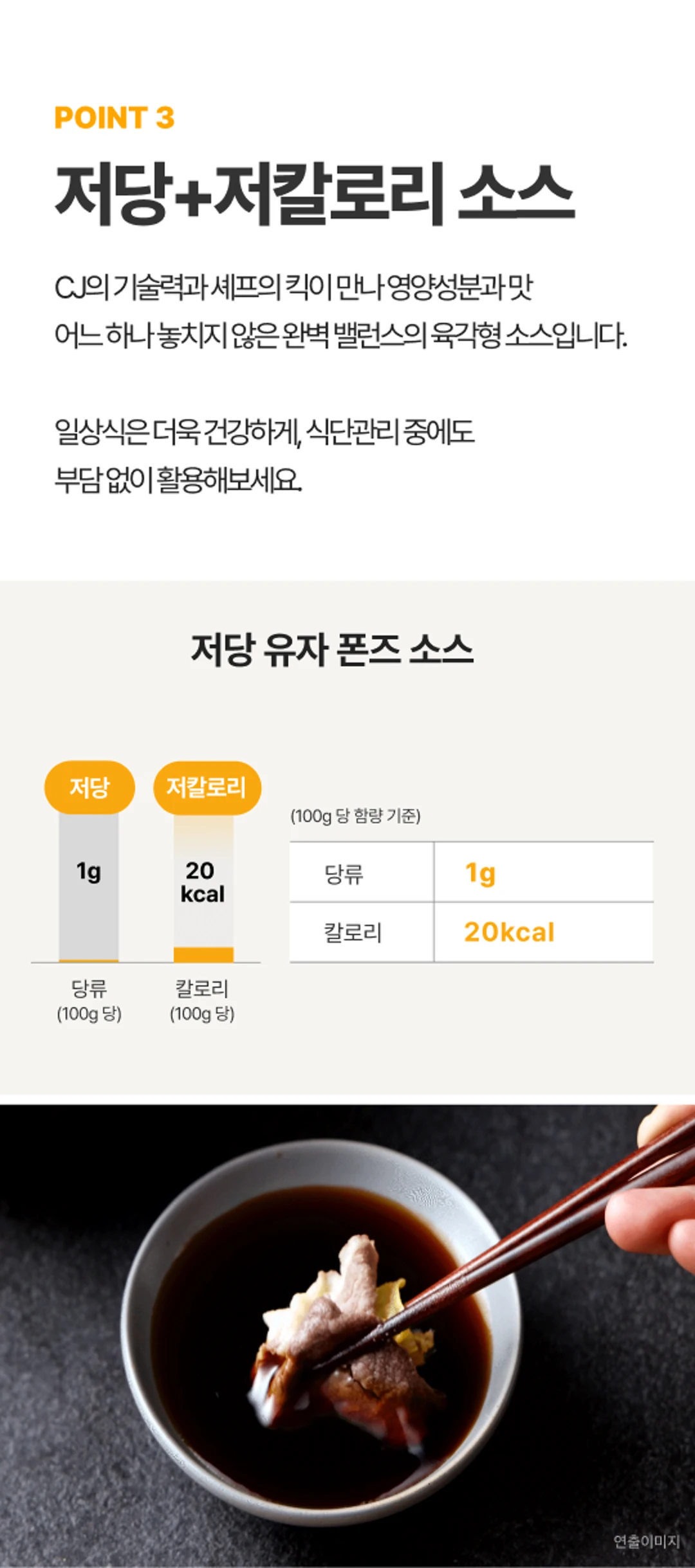 백설 저당 유자 폰즈소스 영양 정보 — 100g당 당류 1g 및 칼로리 20kcal 수치 비교 그래프