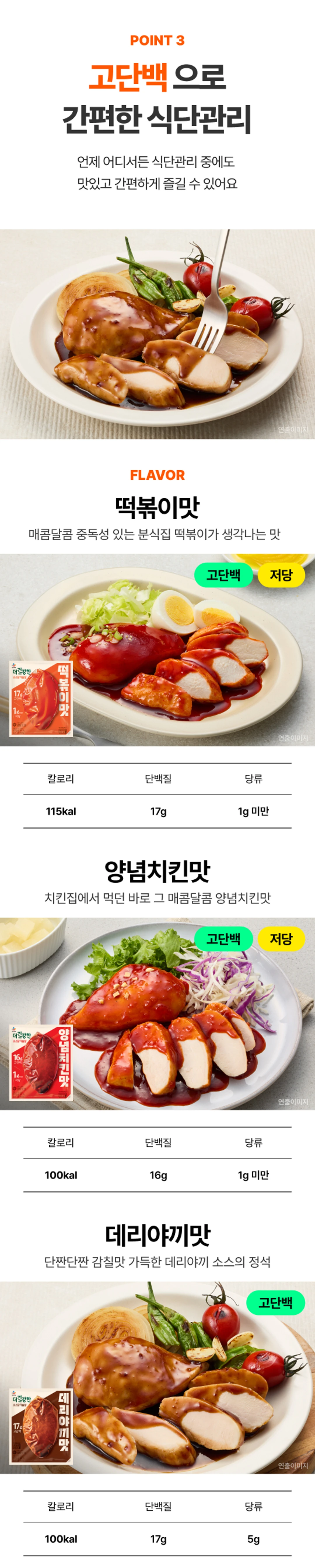 더건강한 소스 닭가슴살 2가지 포인트 — POINT 1 특제 소스 10종, POINT 2 8시간 저온 숙성 국내산 닭가슴살 스팀오븐 조리
